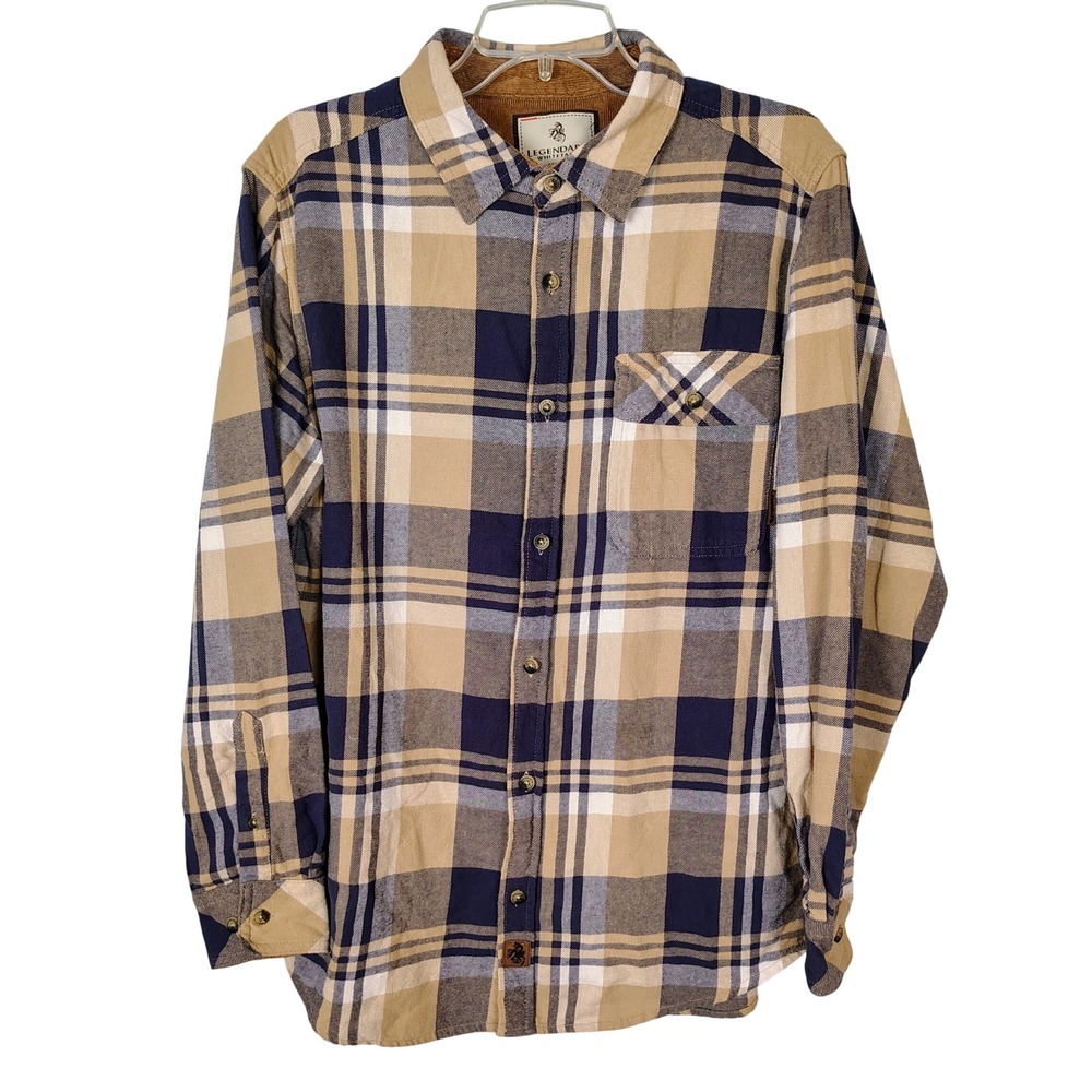 Legendary Whitetails Buck Camp Flannel Shirt Mens Medium Navy Tan Plaid Cotton